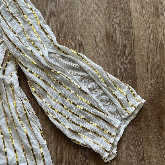 Sundress White & Gold Sequin Striped Mini Dress SZ M/L Plunge Lined - Picture 2 of 7
